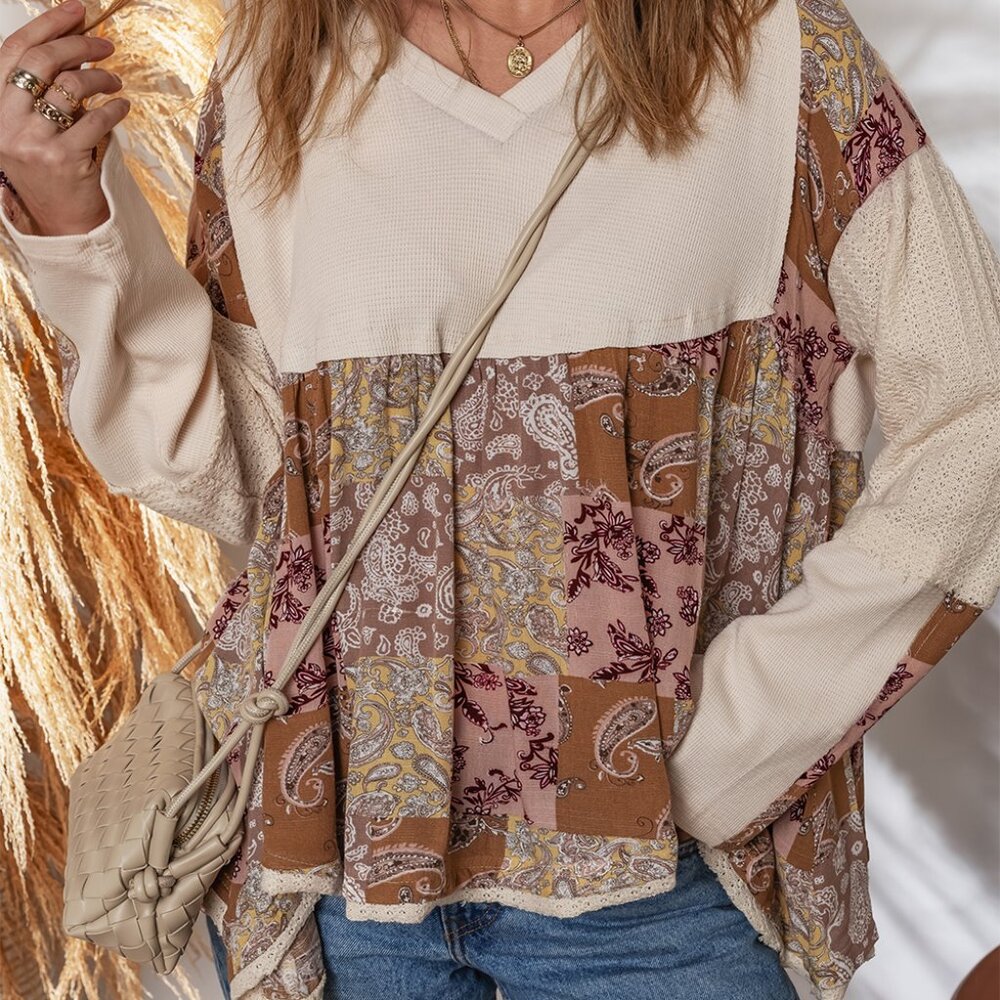 B296 Beige Paisley Print Waffle Patchwork Long Sleeve Loose Top